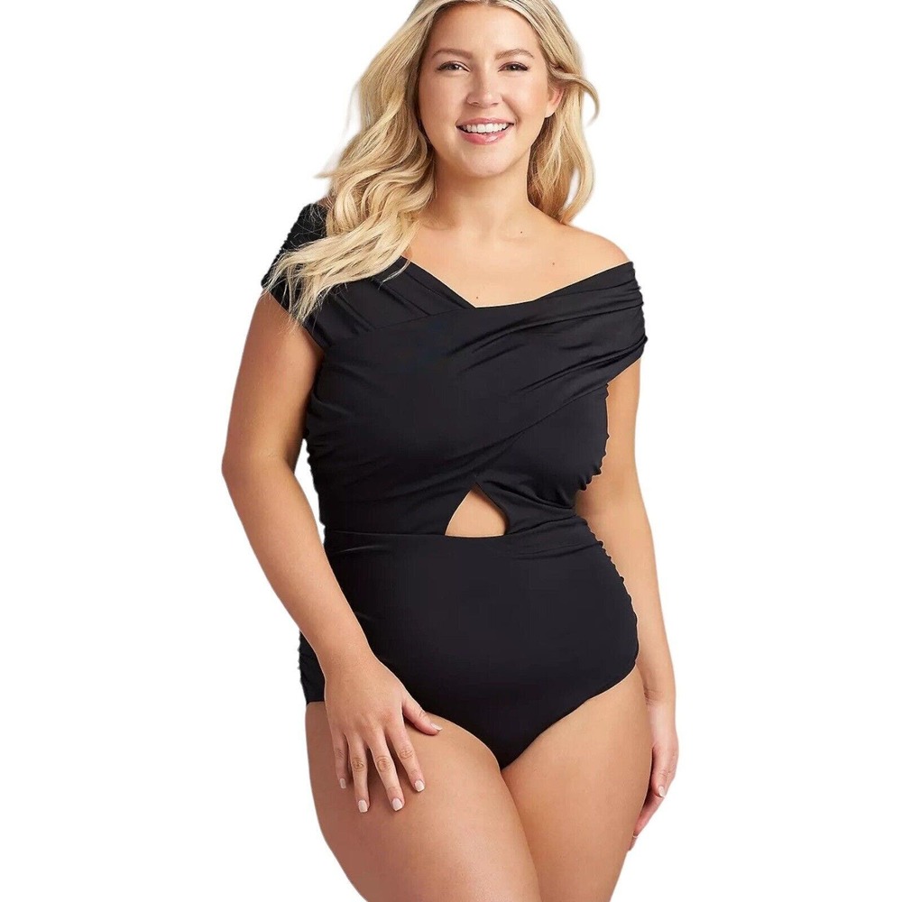Swim By Cacique Plus Sz 28 Black off the shoulder one Piece swimsuit Wrap over